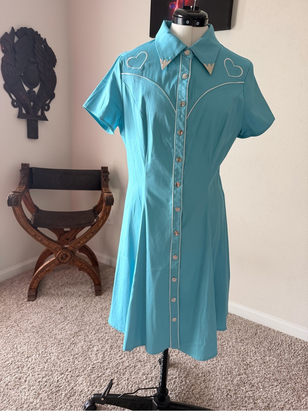 Turquoise Short-Sleeve Western-Inspired Pinup Mini Dress